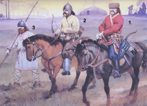 Аварские воины (1-знатный аварский воин, 2-простой аварский воин, 3-славянский пехотинец)