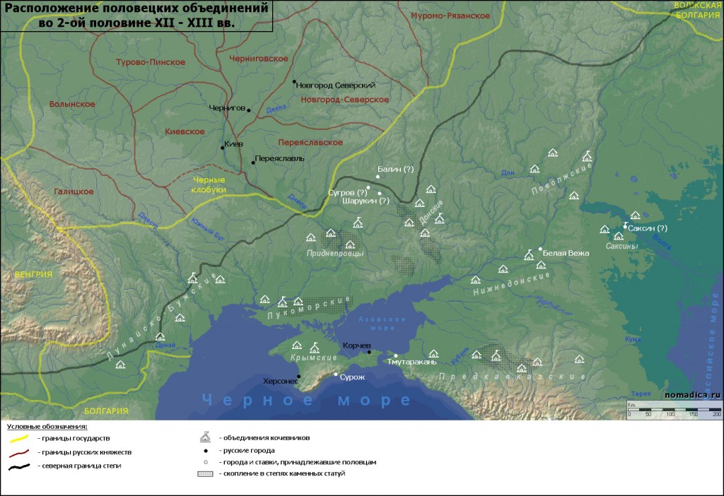 Карта расположения половецких орд в конце XII - начале XIII вв., по Плетневой С.А.
