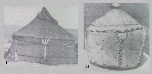  Юрты древнетюркского типа: юрта хазарейцев, вид сзади (XX в.), глиняный зороастрийский оссуарий, вид сзади, вторая половина I тыс.