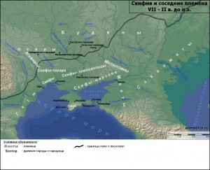 Карта расселения скифов и окружающих племен по Геродоту в VII-II вв. до н.э.
